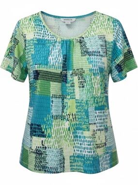BonWorth Short Sleeve Scoop Neck Tee  Teal & Green Patchprint Size Petite Small